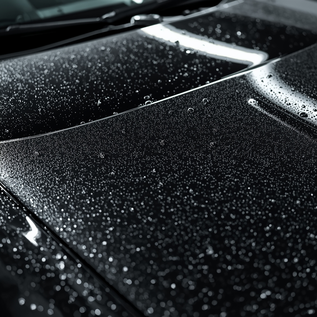 Close up detailed shot of a ceramic coating application on a black car hood, water beading effect, studio lighting